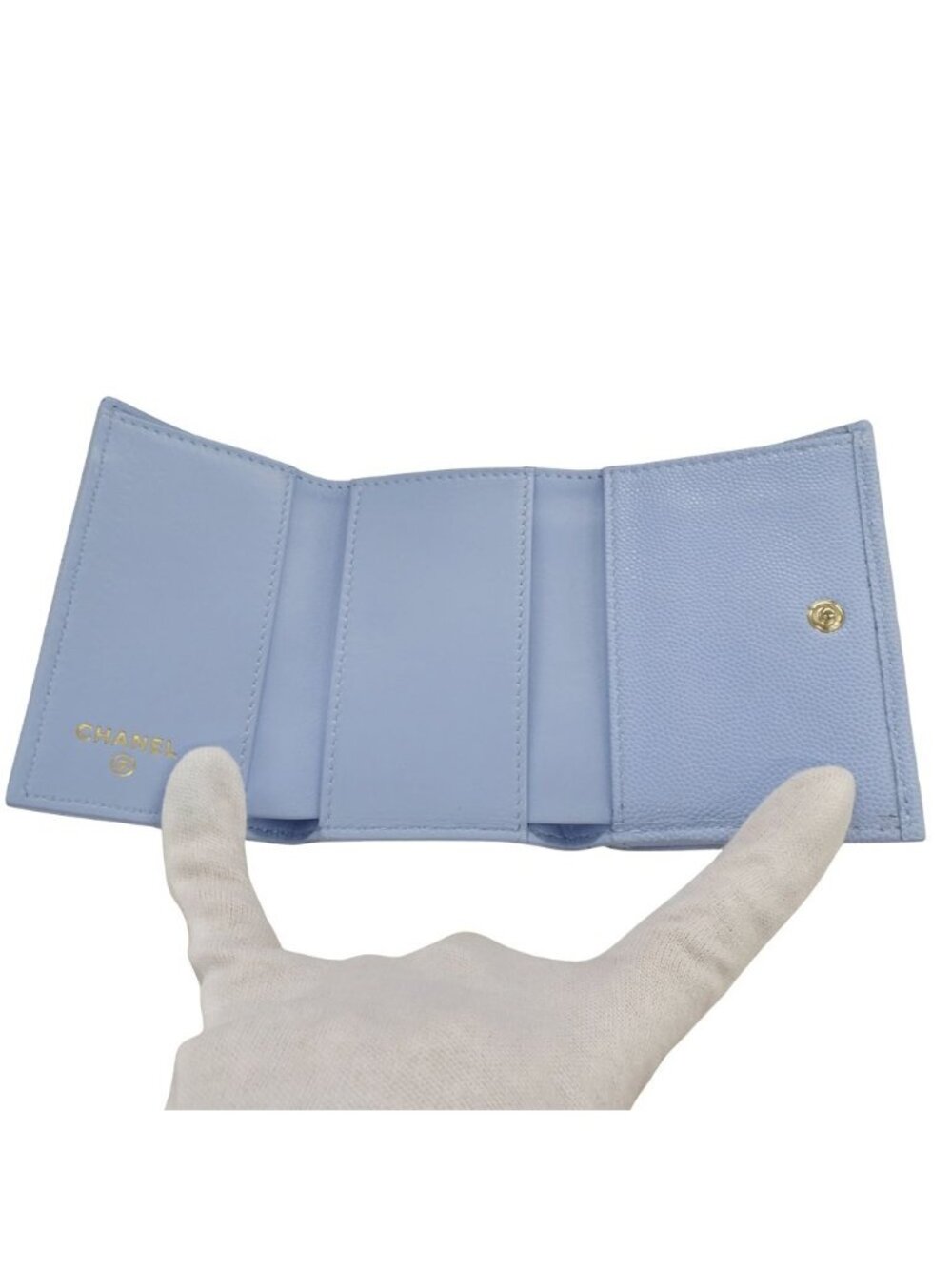 Chanel Wallet Trifold Caviar Leather Quilted Light Blue Gold Compact Mini - Picture 5 of 15